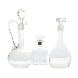 1960s Vintage Set of 3 Glass Etched Spirits Liquor Wine Decanters Set, Barware